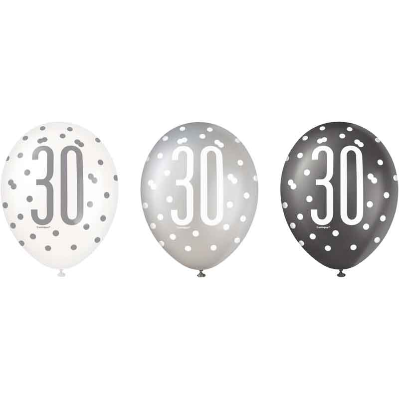 (6) 12in BLACK GLITZ 30 BALLOONS