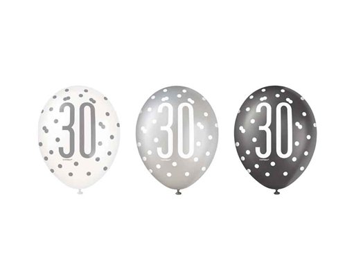 (6) 12in BLACK GLITZ 30 BALLOONS