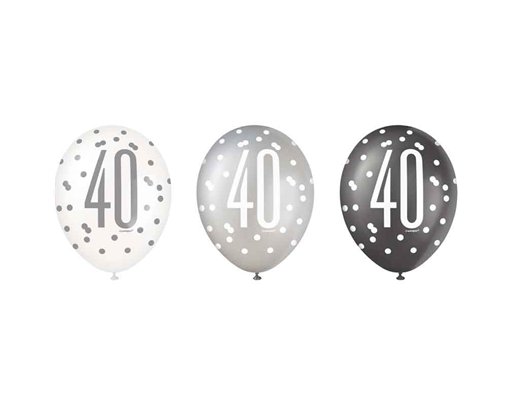 (6) 12in BLACK GLITZ 40 BALLOONS