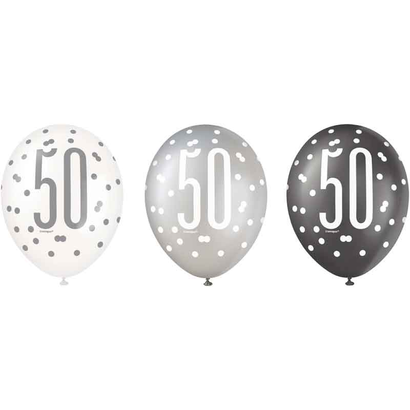 (6) 12in BLACK GLITZ 50 BALLOONS