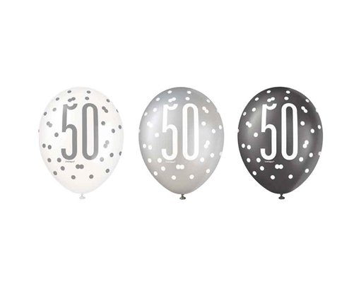 (6) 12in BLACK GLITZ 50 BALLOONS