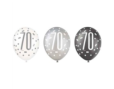 (6) 12in BLACK GLITZ 70 BALLOONS