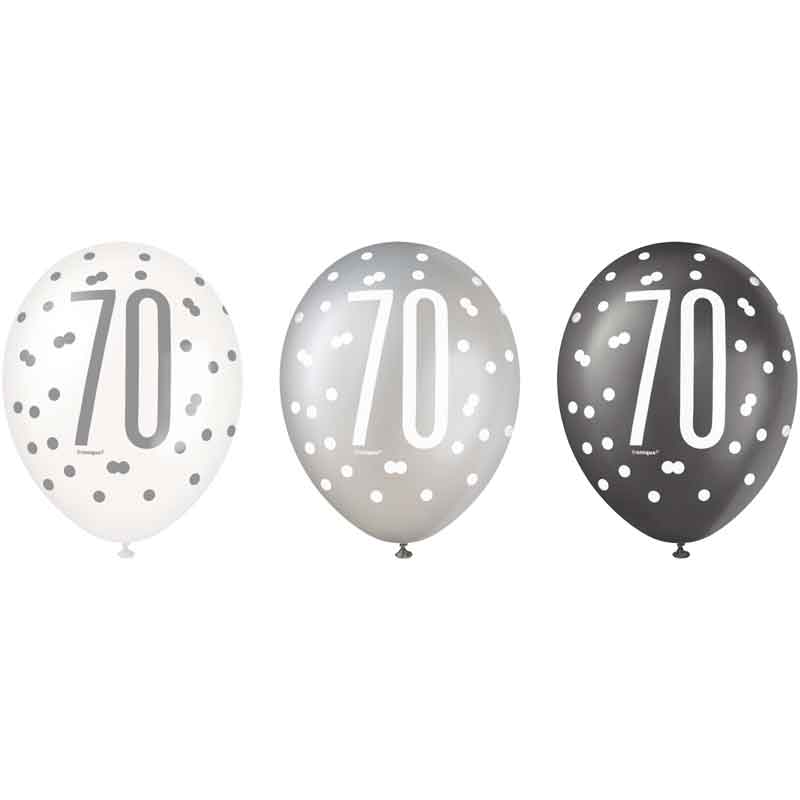 (6) 12in BLACK GLITZ 70 BALLOONS