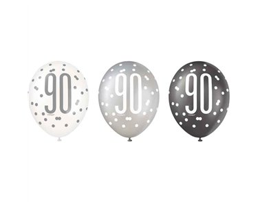 (6) 12in BLACK GLITZ 90 BALLOONS