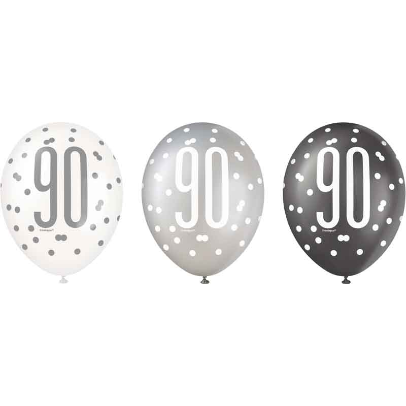 (6) 12in BLACK GLITZ 90 BALLOONS
