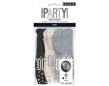 (6) 12in BLACK GLITZ 100 BALLOONS