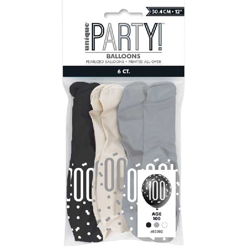 (6) 12in BLACK GLITZ 100 BALLOONS
