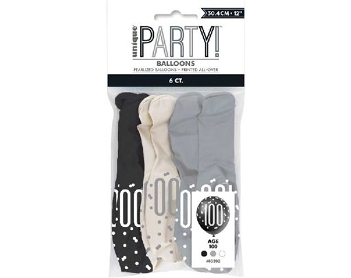 (6) 12in BLACK GLITZ 100 BALLOONS
