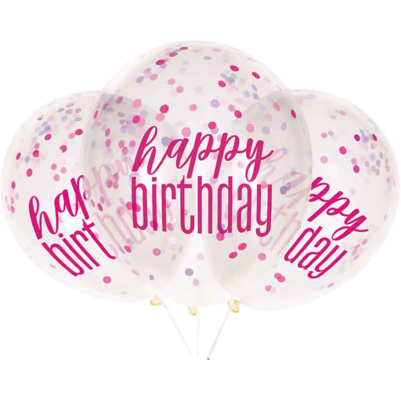 (6) 12in GLITZ PINK CLEAR CONFETTI BALLOONS