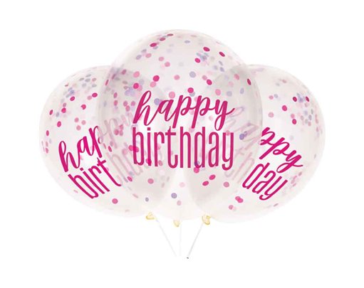 (6) 12in GLITZ PINK CLEAR CONFETTI BALLOONS