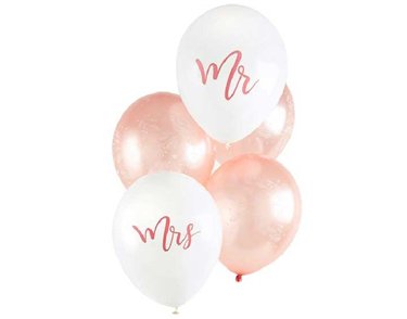 (5) 12in ROSE GOLD MR & MRS BALLOONS