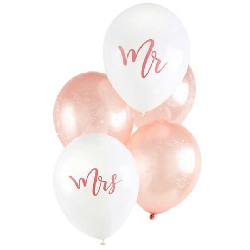 (5) 12in ROSE GOLD MR & MRS BALLOONS