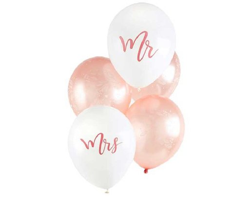 (5) 12in ROSE GOLD MR & MRS BALLOONS