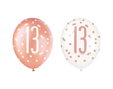 (6) 12in GLITZ ROSE GOLD NO.13 BALLOONS
