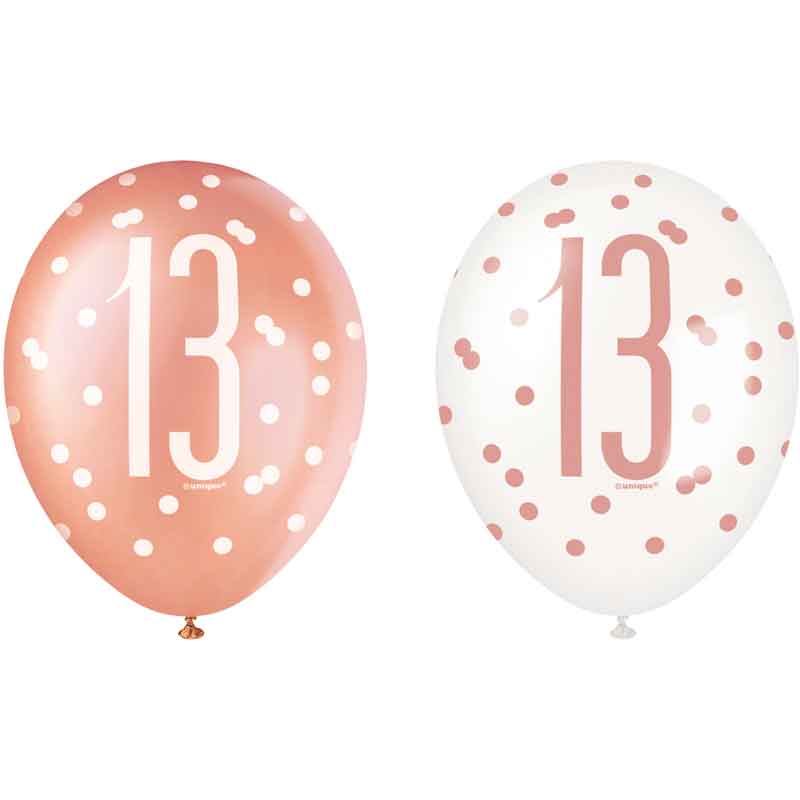 (6) 12in GLITZ ROSE GOLD NO.13 BALLOONS