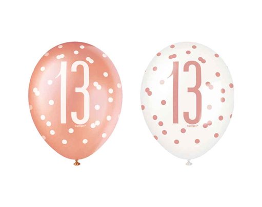 (6) 12in GLITZ ROSE GOLD NO.13 BALLOONS