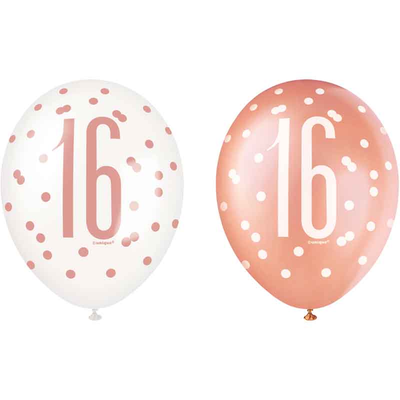 (6) 12in GLITZ ROSE GOLD NO.16 BALLOONS