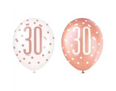 (6) 12in GLITZ ROSE GOLD NO.30 BALLOONS