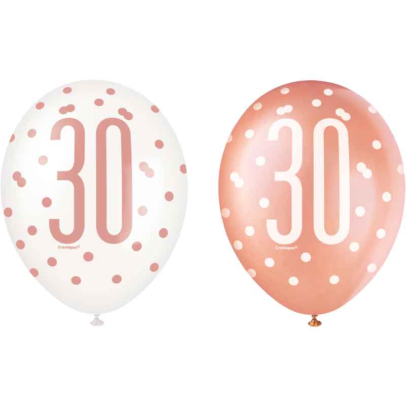 (6) 12in GLITZ ROSE GOLD NO.30 BALLOONS