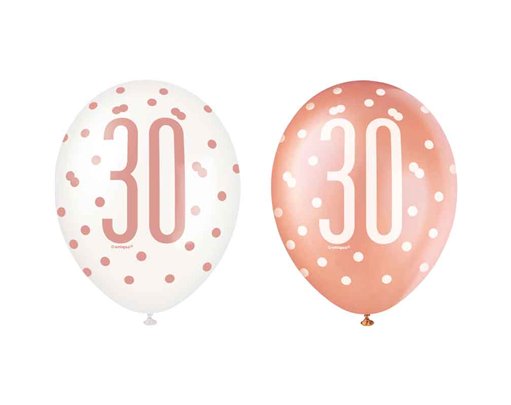 (6) 12in GLITZ ROSE GOLD NO.30 BALLOONS