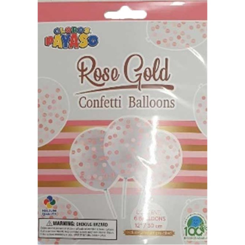 6PK 12in ROSE GOLD CONFETTI CLEAR LATEX BALLOONS