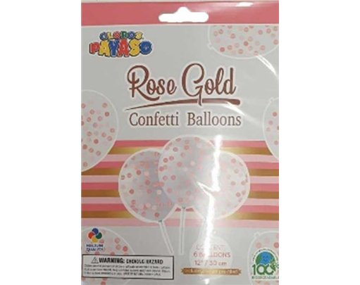 6PK 12in ROSE GOLD CONFETTI CLEAR LATEX BALLOONS