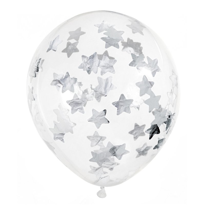6PK 30cm SILVER STARS CONFETTI BALLOONS