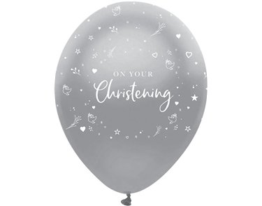 6K 12in SILVER PRINT CHRISTENING BALLOONS