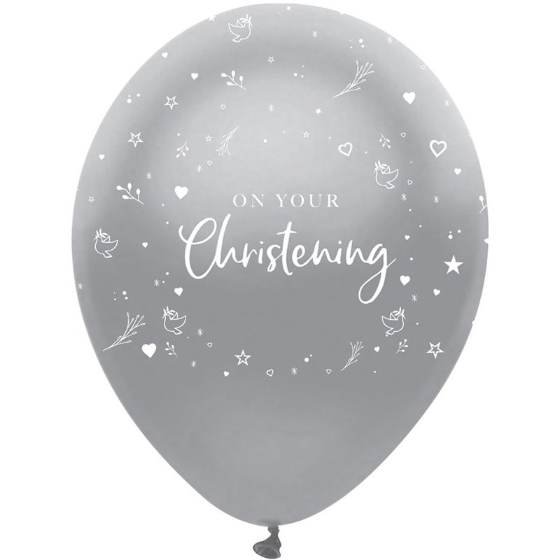 6K 12in SILVER PRINT CHRISTENING BALLOONS