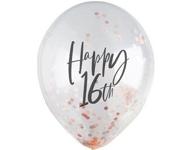 5PK 12in 16TH ROSE GOLD CONFETTI BALLOONS