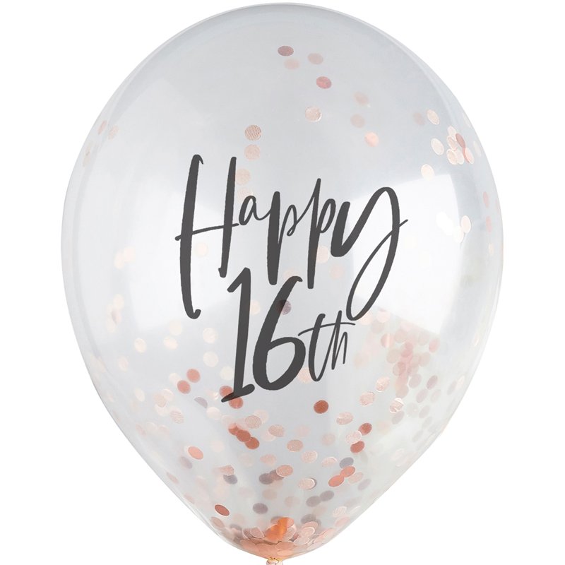 5PK 12in 16TH ROSE GOLD CONFETTI BALLOONS