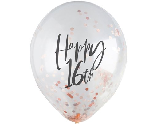 5PK 12in 16TH ROSE GOLD CONFETTI BALLOONS