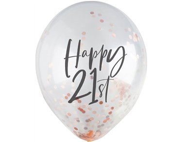 5PK 12in 21ST ROSE GOLD CONFETTI BALLOONS