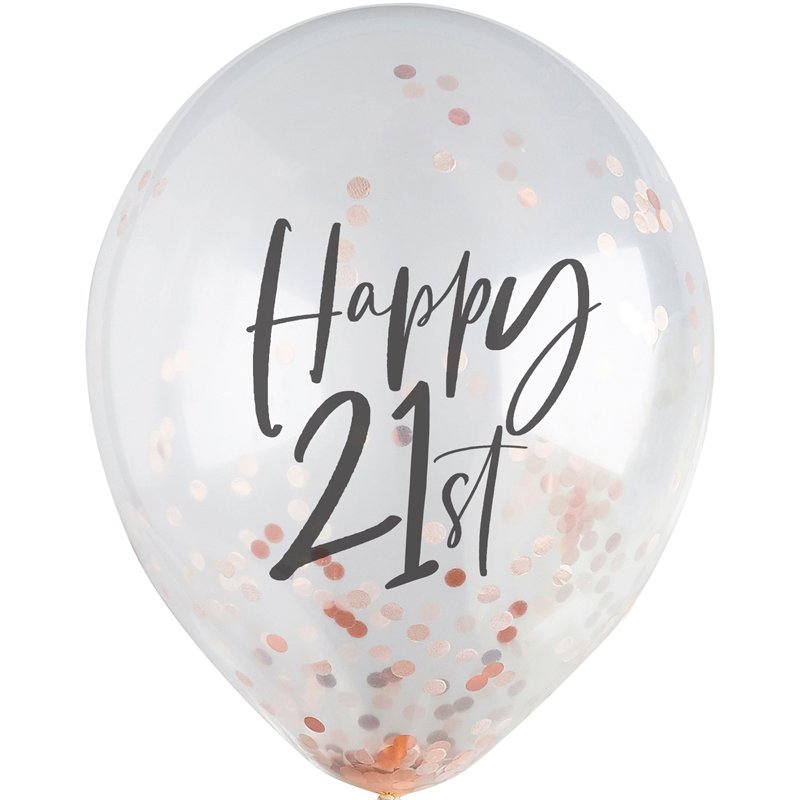 5PK 12in 21ST ROSE GOLD CONFETTI BALLOONS