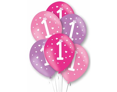 6PK 27cm AGE 1 PINK BALLOONS