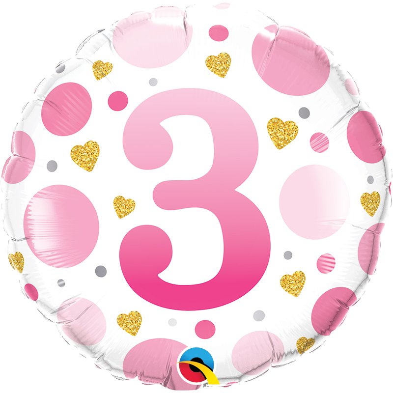 18in AGE 3 PINK DOTS FOIL BALLOON
