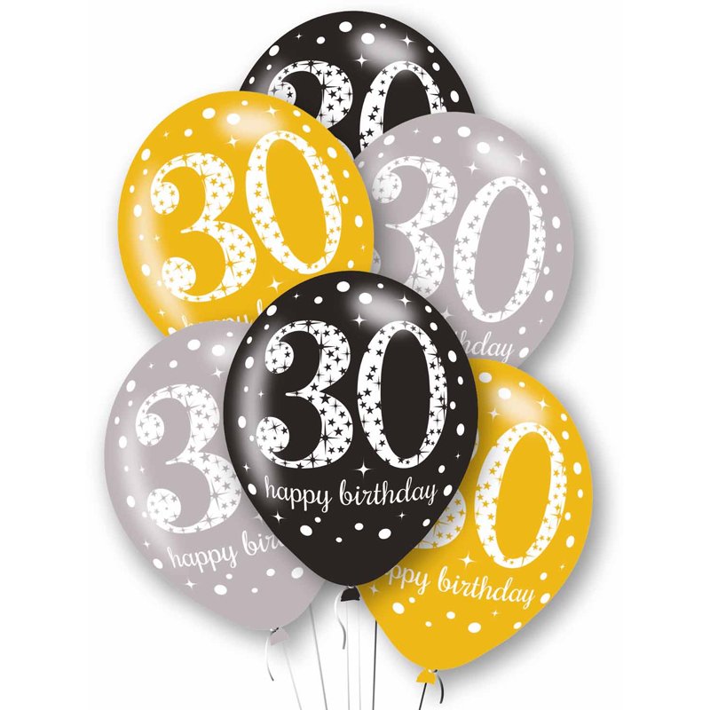 6PK 27cm AGE 30 LATEX BALLOONS