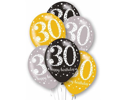 6PK 27cm AGE 30 LATEX BALLOONS