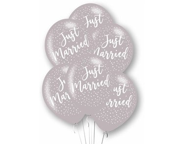 6PK 27cm JUST MARRIED SILVER LATEX BALLOONS