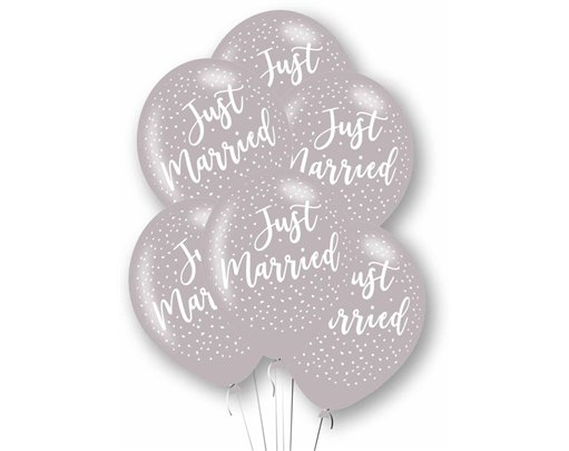 6PK 27cm JUST MARRIED SILVER LATEX BALLOONS