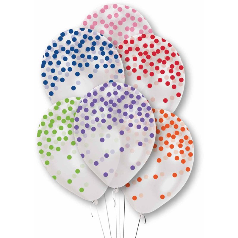 6PK RAINBOW CONFETTI PRINT CLEAR BALLOONS