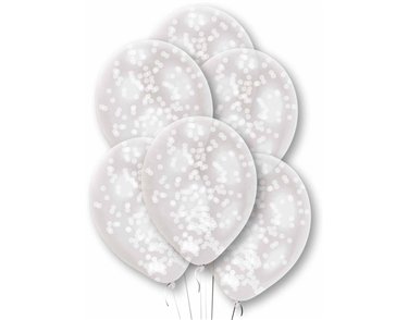 6PK PREFILLED WHITE CONFETTI CLEAR BALLOONS