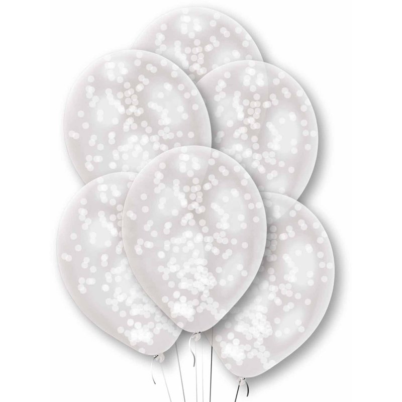 6PK PREFILLED WHITE CONFETTI CLEAR BALLOONS