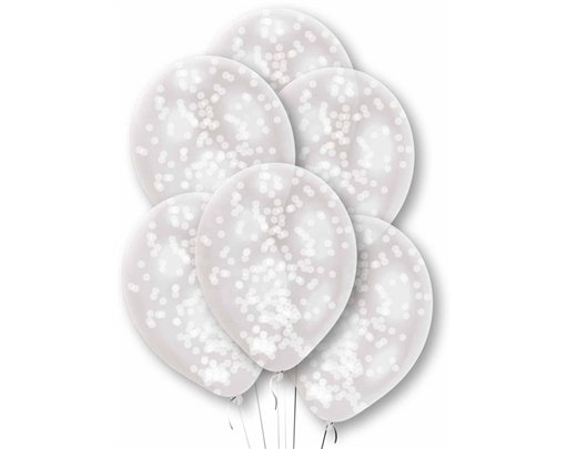 6PK PREFILLED WHITE CONFETTI CLEAR BALLOONS