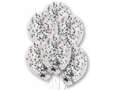 6PK PREFILLED BLACK CONFETTI CLEAR BALLOONS