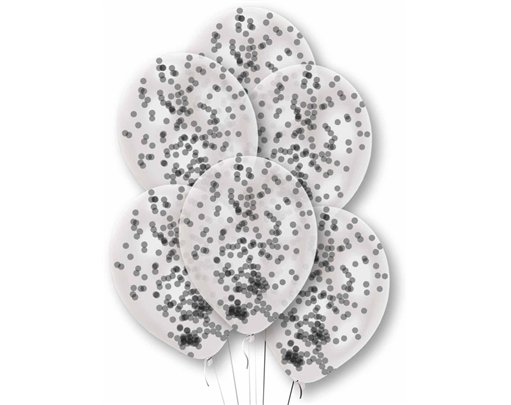 6PK PREFILLED BLACK CONFETTI CLEAR BALLOONS