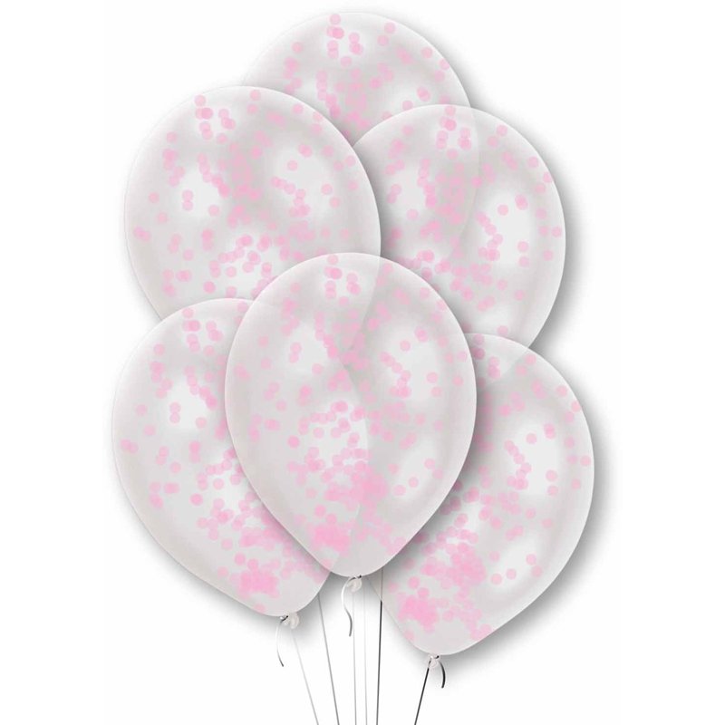 6PK PREFILLED PINK CONFETTI CLEAR BALLOONS