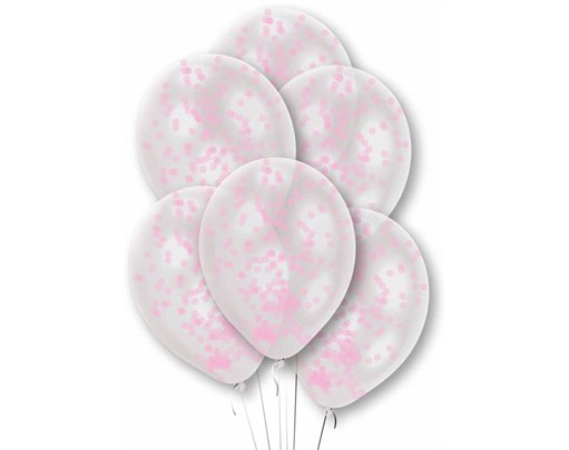 6PK PREFILLED PINK CONFETTI CLEAR BALLOONS