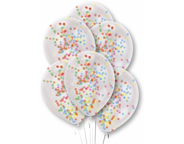 6PK PREFILLED RAINBOW CONFETTI CLEAR BALLOONS