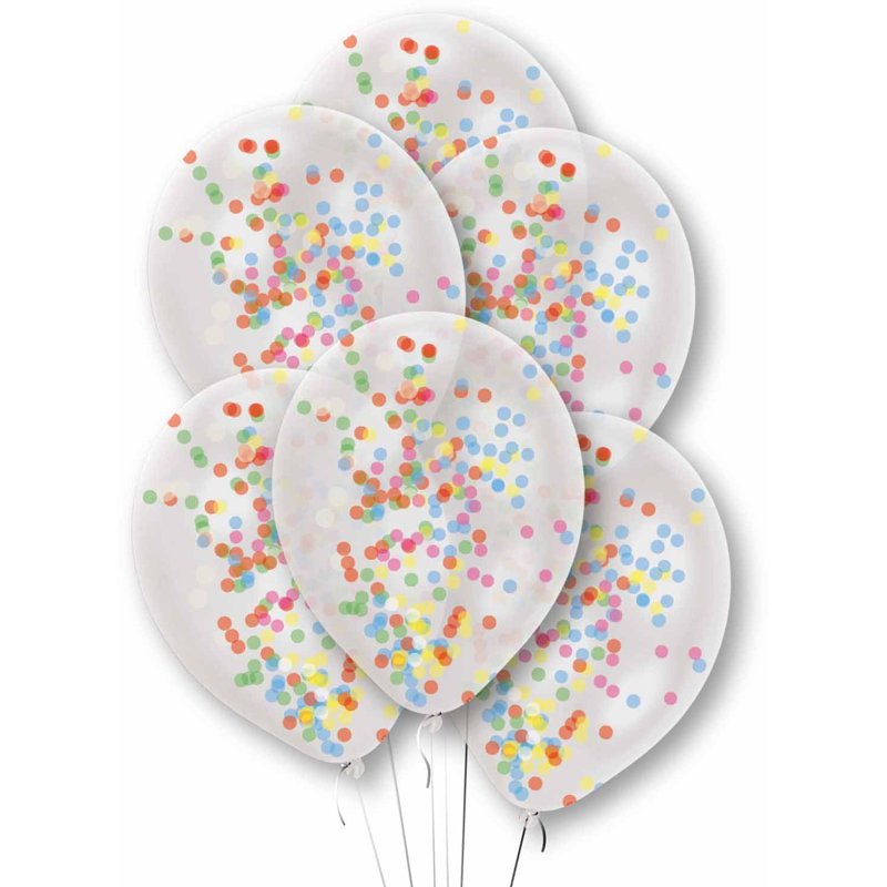 6PK PREFILLED RAINBOW CONFETTI CLEAR BALLOONS